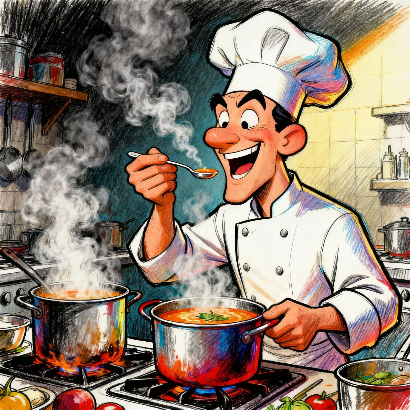 Chef Tasting Soup Caricature in Chaotic Kitchen
