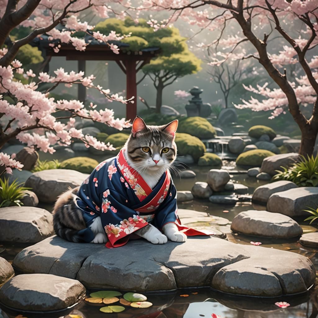 Cat in Kimono: Serene Japanese Garden Anime Art