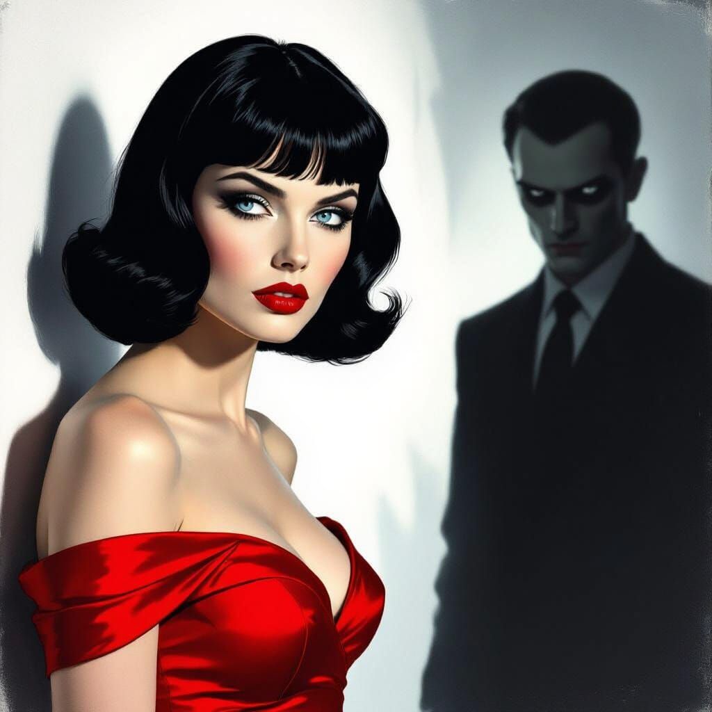 Gothic Film Noir Scene: Woman in Red, Sinister Observer