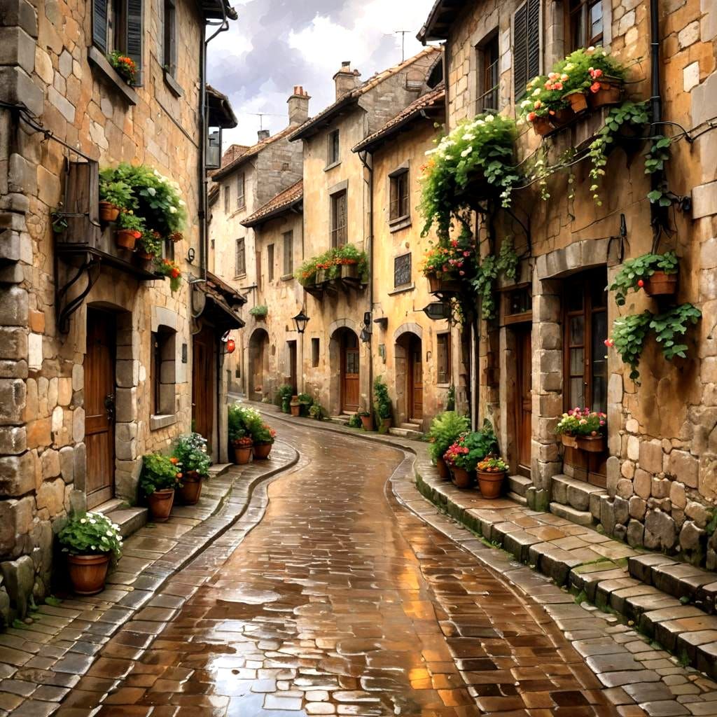 Picturesque Old Village Landscape in Rainy Weather