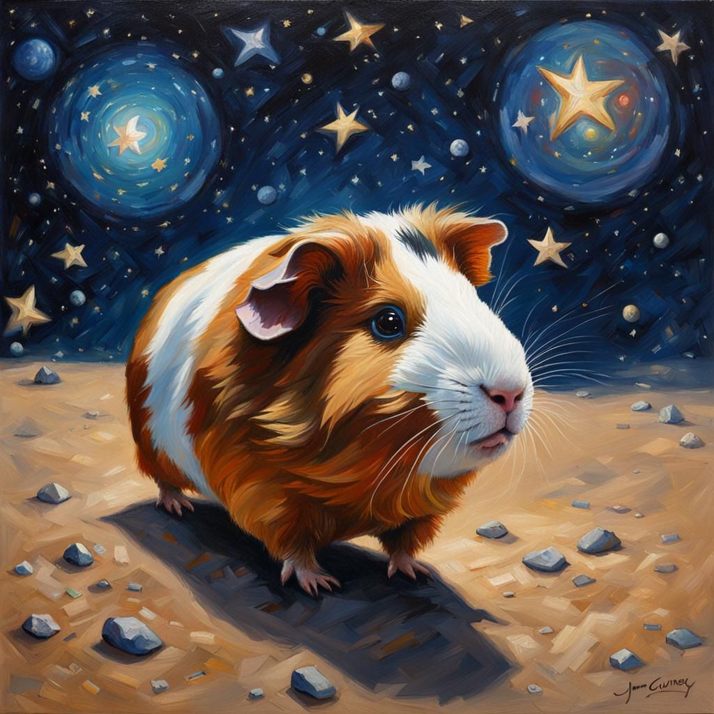 Guinea Pig's Celestial Journey: An Oil Painting