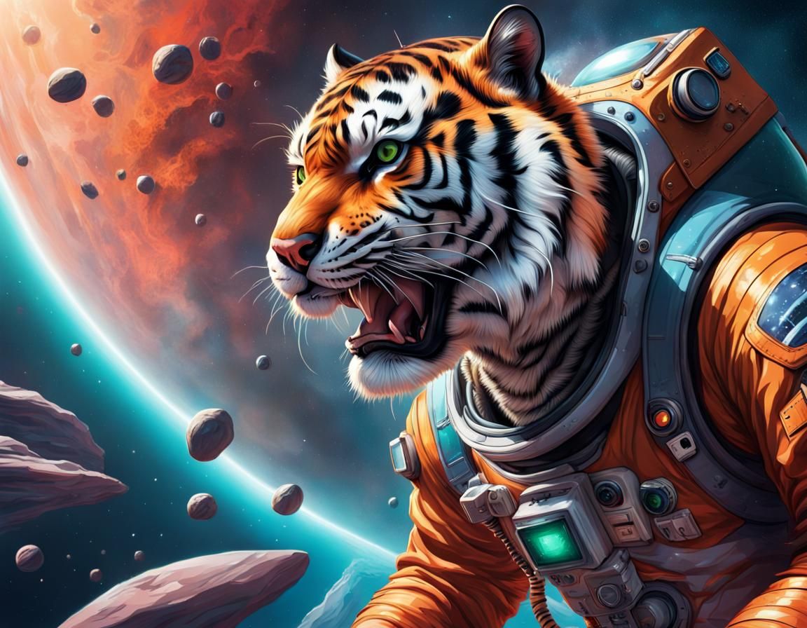 Tiger Astronaut Fighting Extraterrestrials in Space