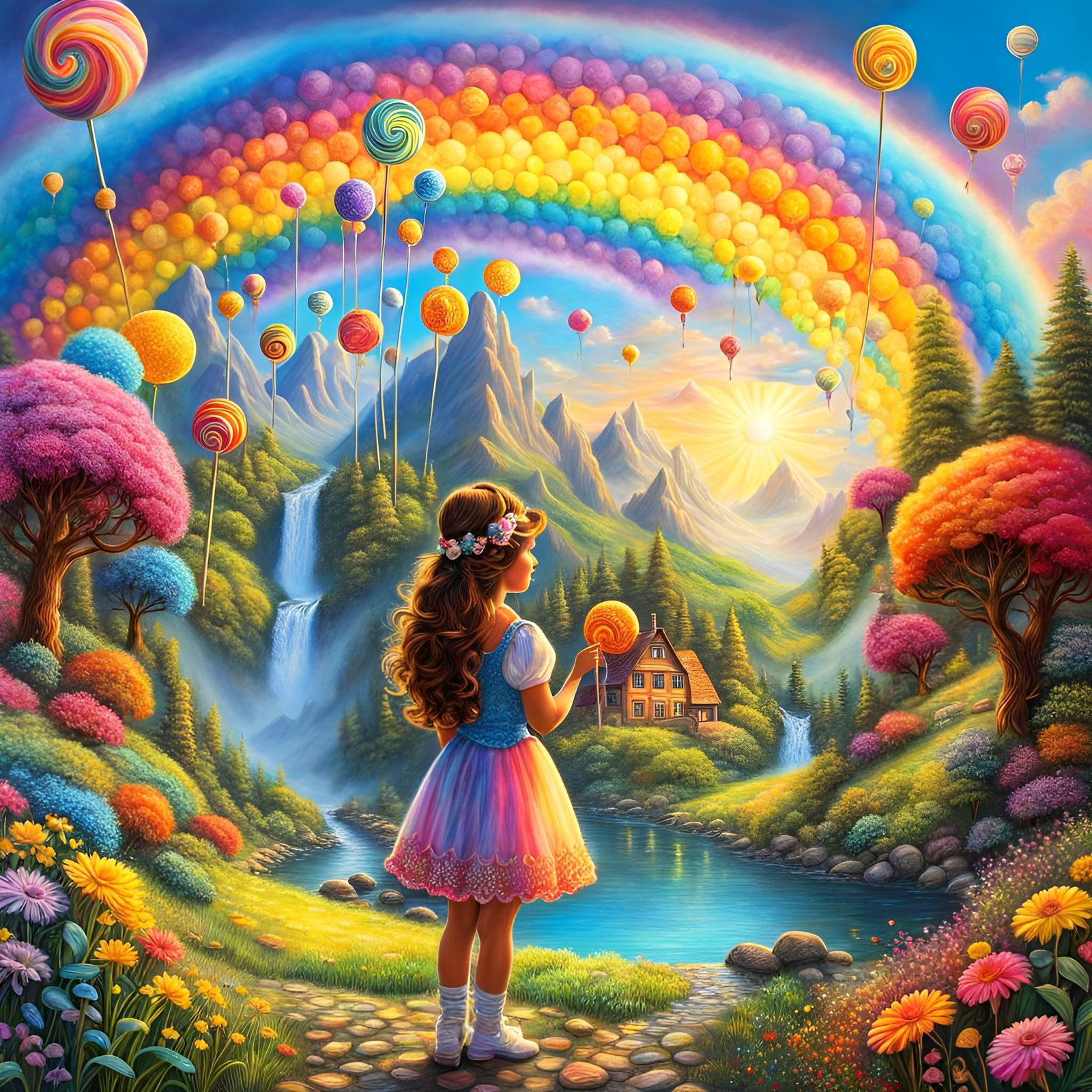 Girl with Rainbows and Lollipops in Polychromatic Illustrati...