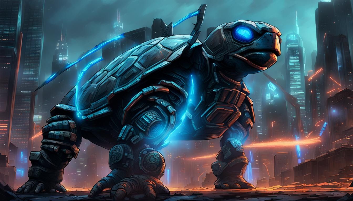 Cybernetic Turtle Emerges in Cyberpunk Cityscape
