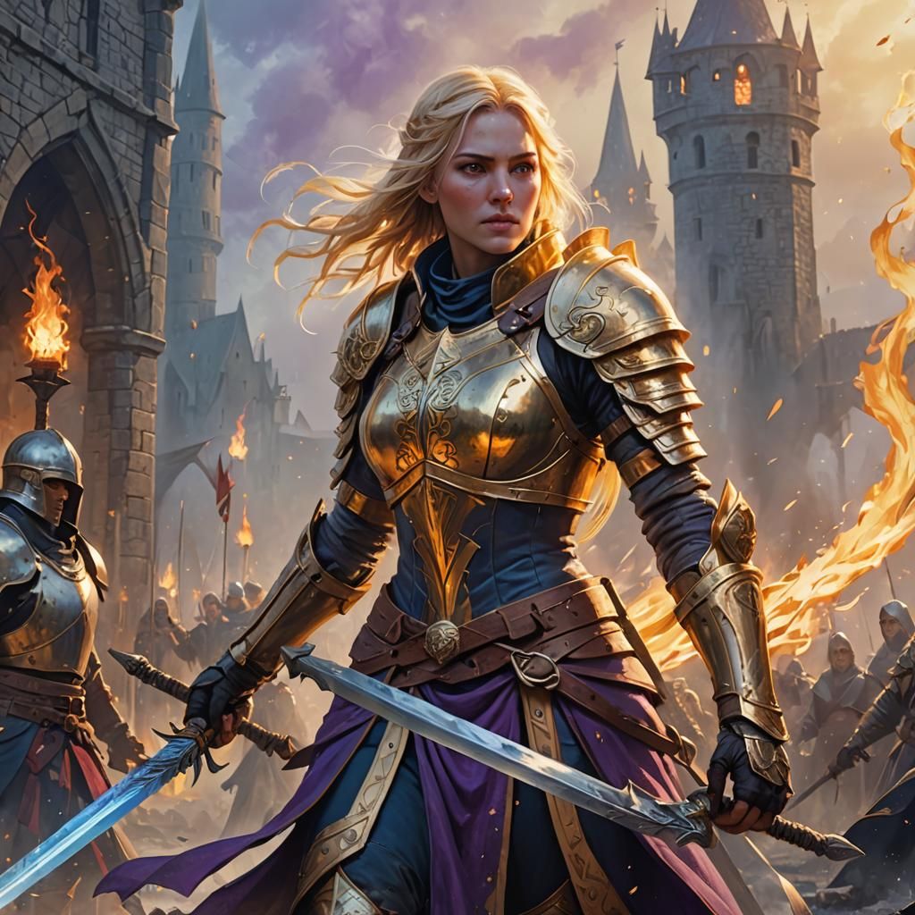 Fantasy Templar Summons Light Arrows in Misty Landscape