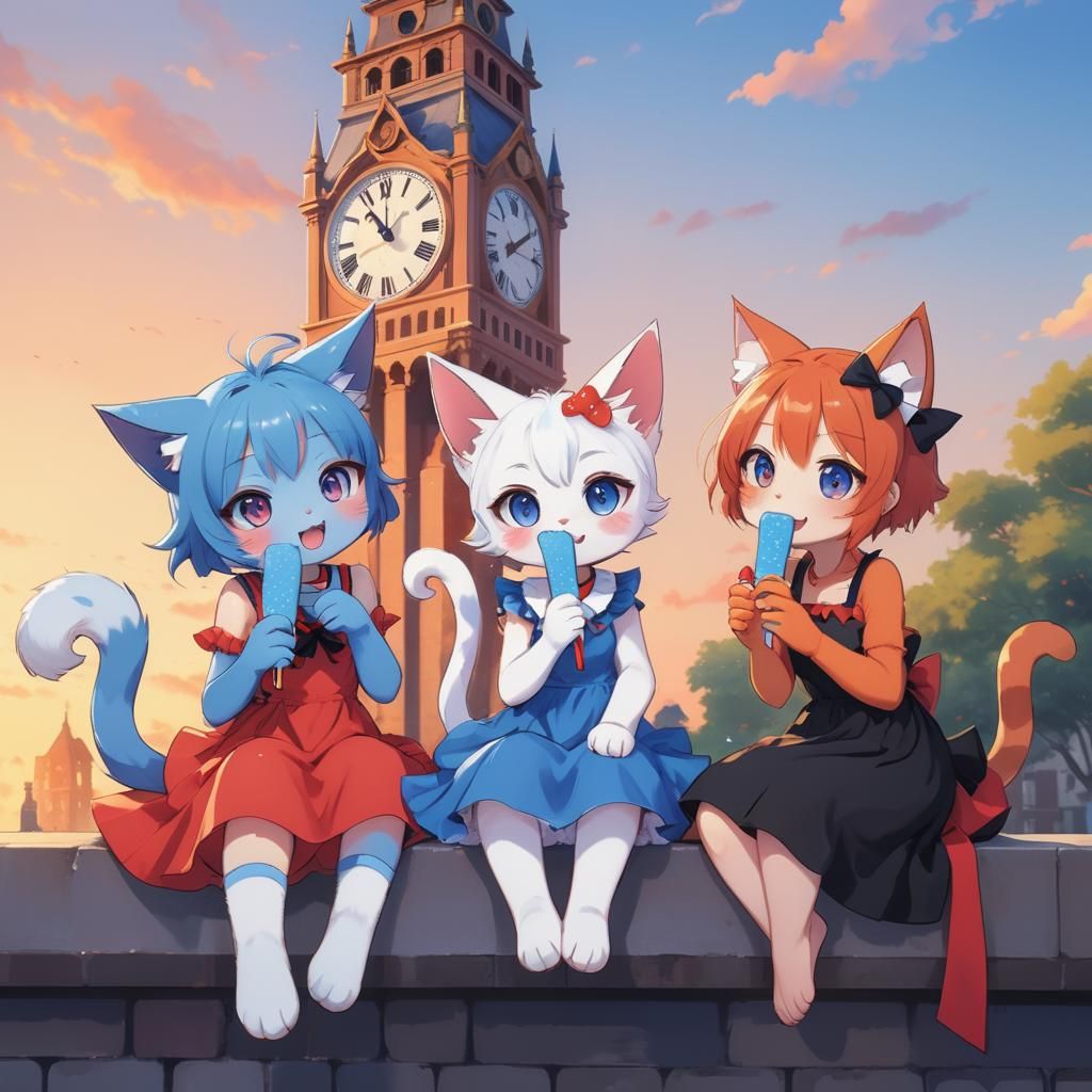 Anime Cat Girls Eat Popsicles at Sunset