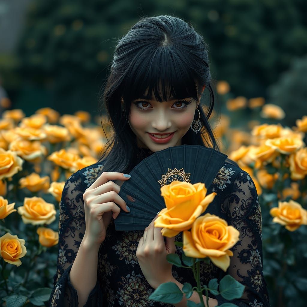 Enigmatic Woman in Golden Rose Garden