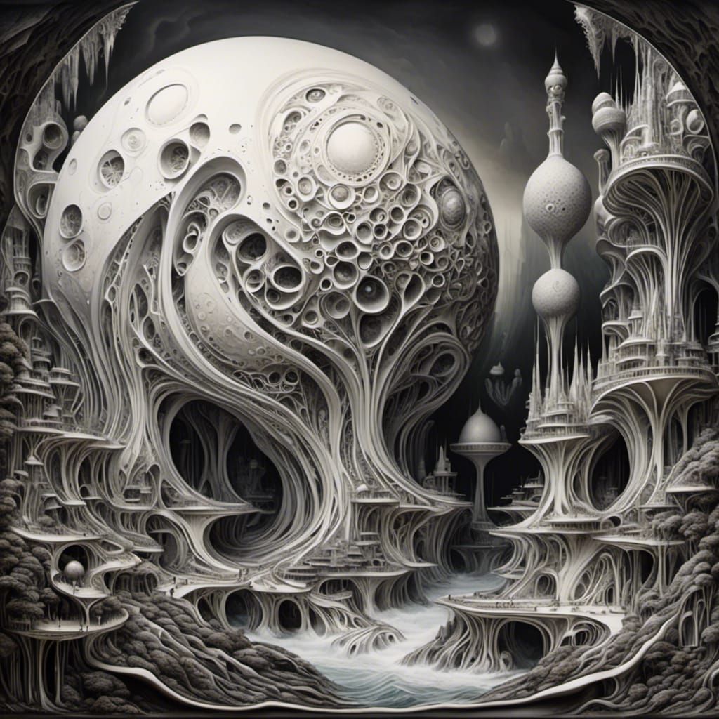 Elliptical Ocean Landscape in Marble Charcoal Drawing