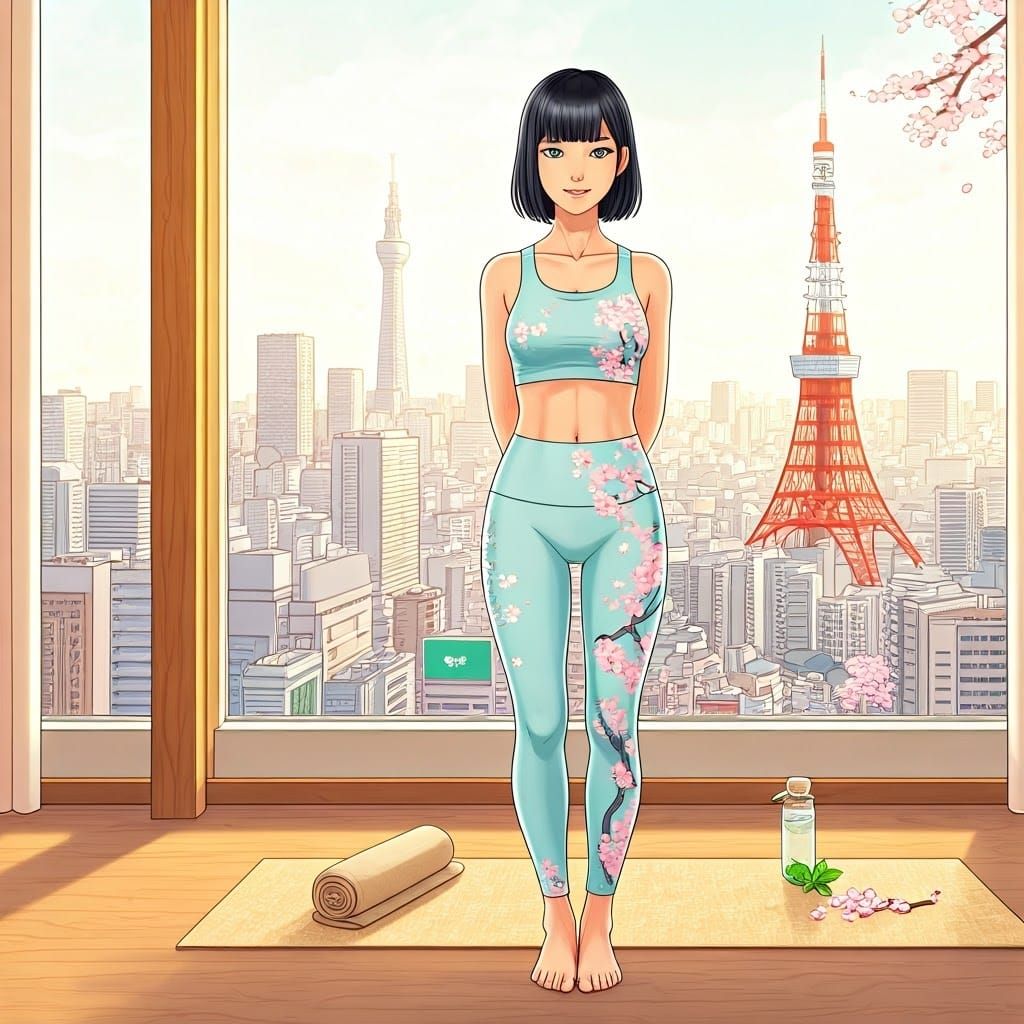 Serene Thai Goddess in Elegant Yoga Pose with Shibuya Citysc...