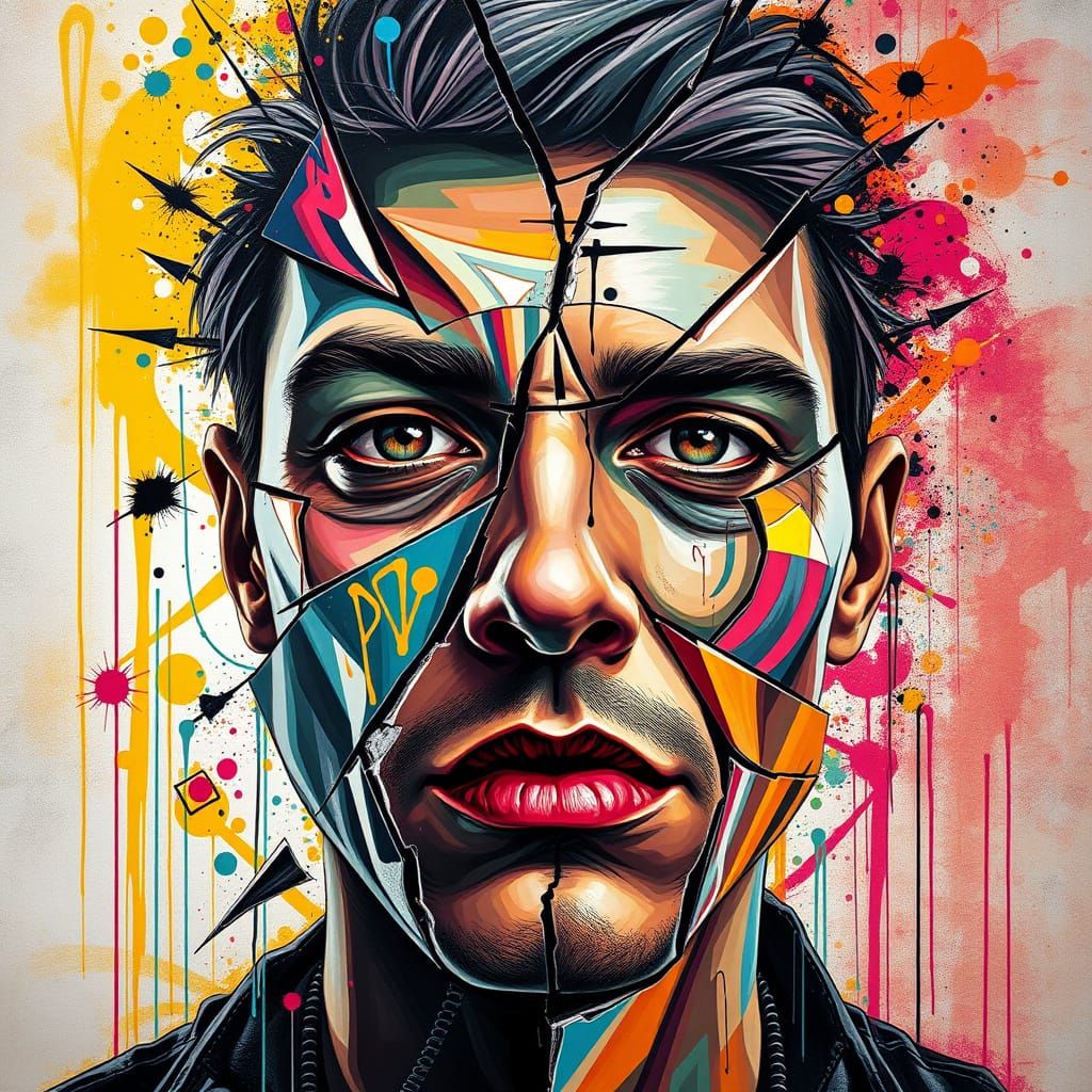Surreal Fragmented Portrait in Graffiti Art Style