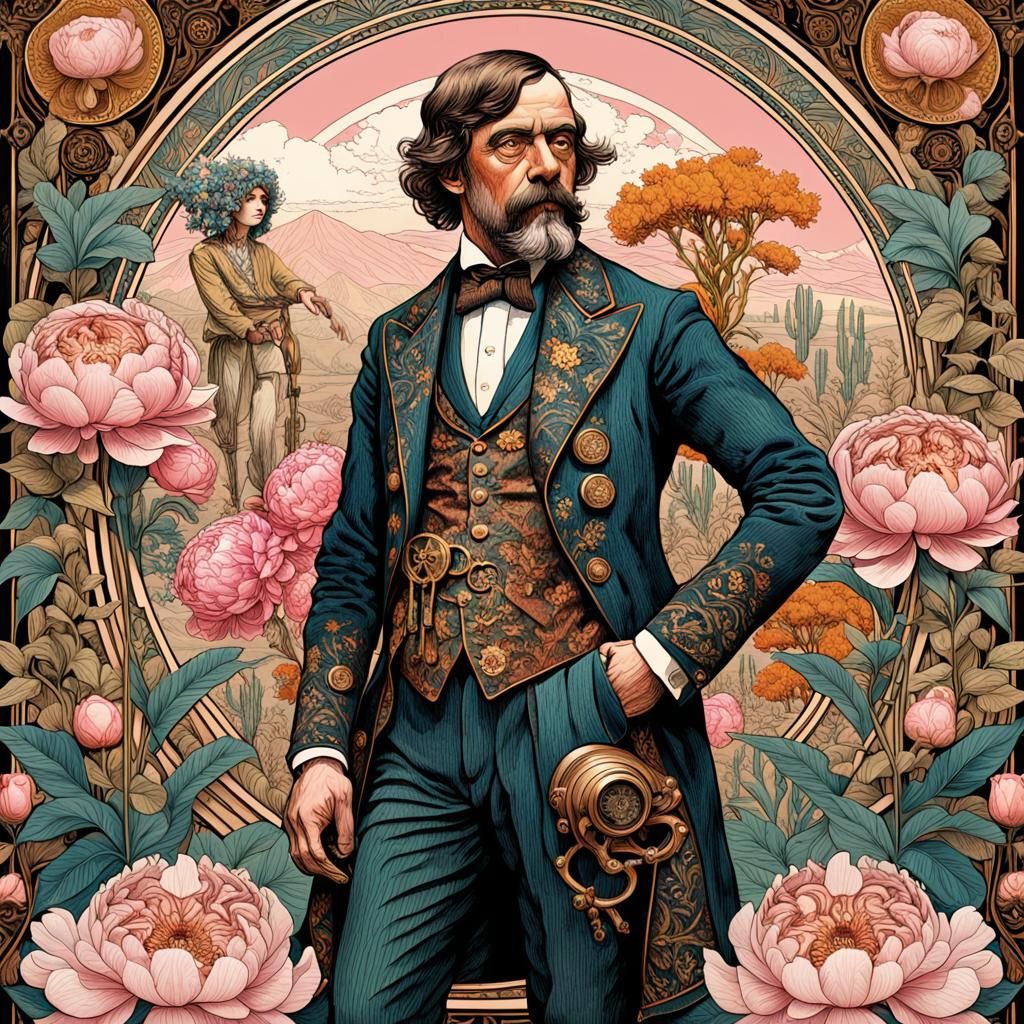 Steampunk Animatronic in Jungle Desert, Art Nouveau Style