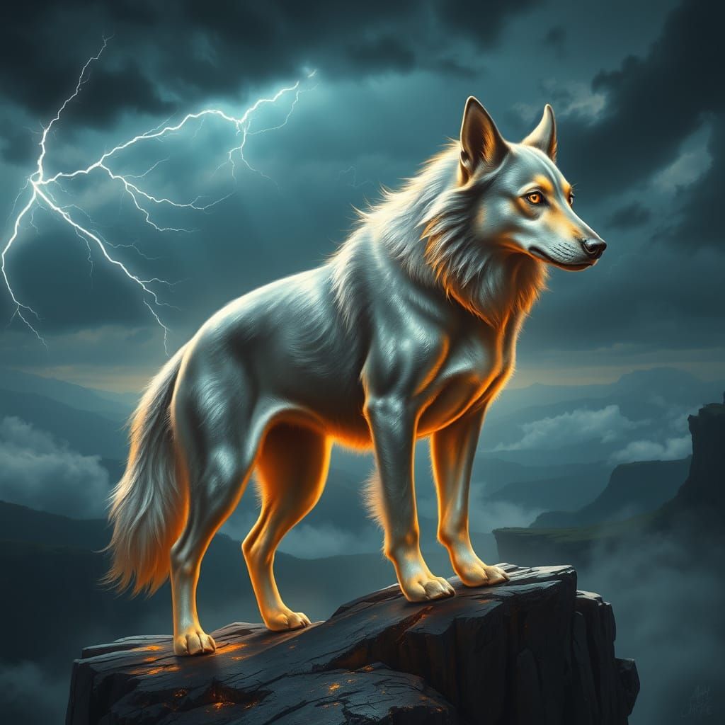 Regal Magical Dog Under Enchanted Stormy Sky