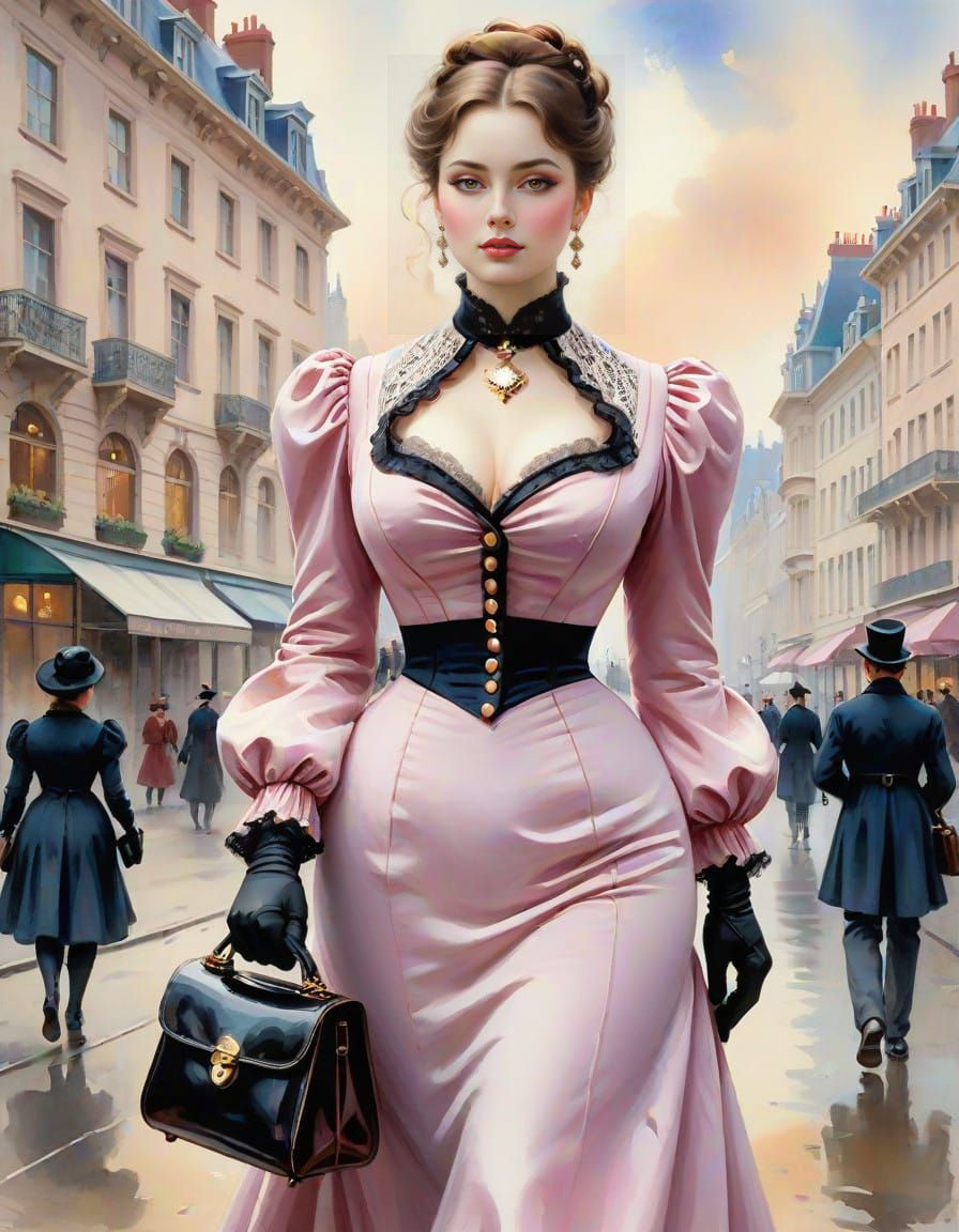Elegant Victorian Lady Strolls Through the City