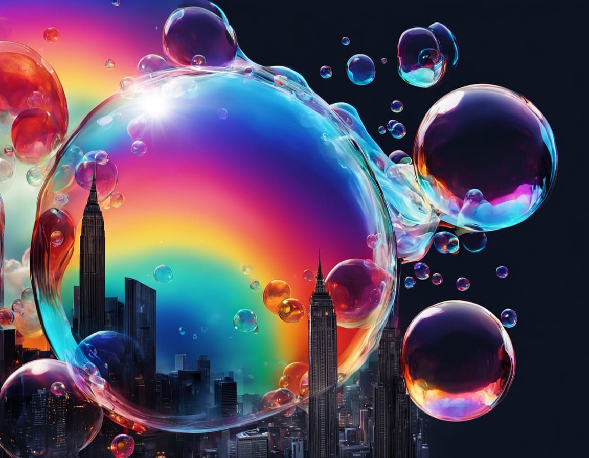Woman Dissolving into Bubbles: Surreal Cityscape