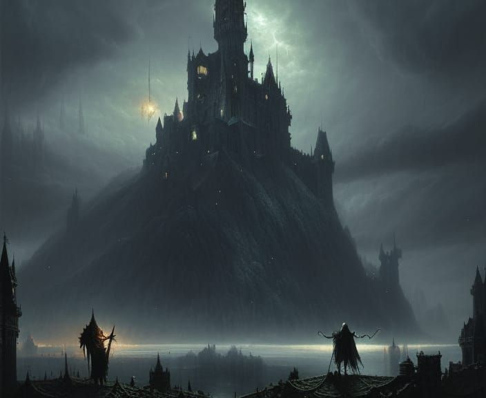 Gothic Castle with Bloody Giant: Dark Fantasy Art