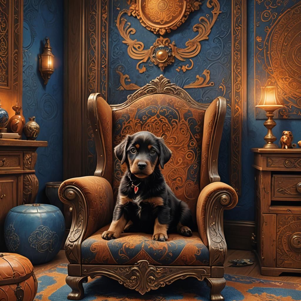 Puppy with Family in Cozy Fantasy Home