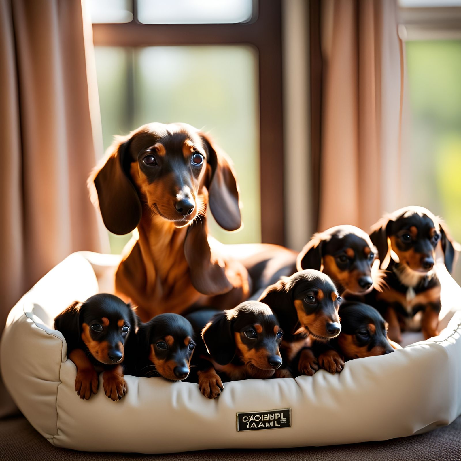 Dachshund Mother and Puppies in Sunlight