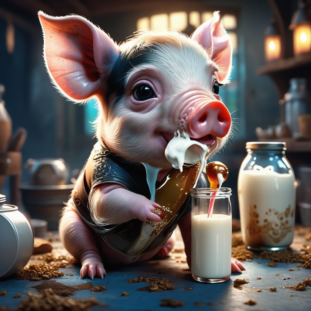 Cute Piglet Enjoying Milk in Detailed Fantasy Art