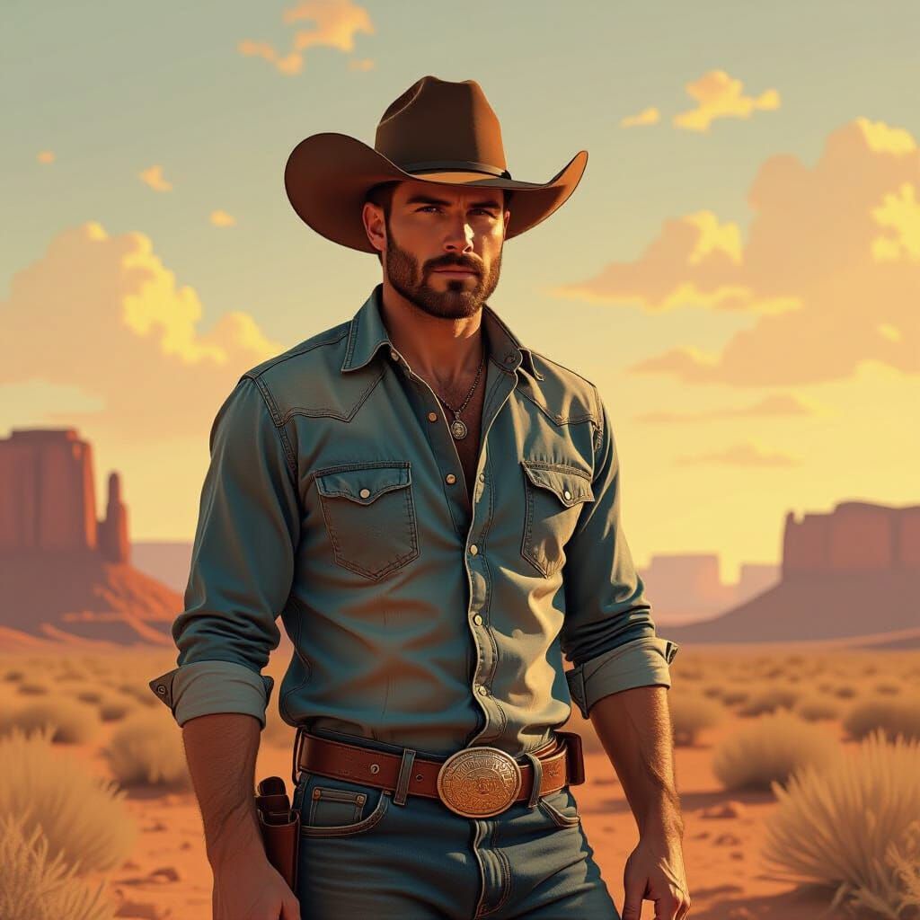 Cowboy in Western Landscape, Sci-Fi Art Style