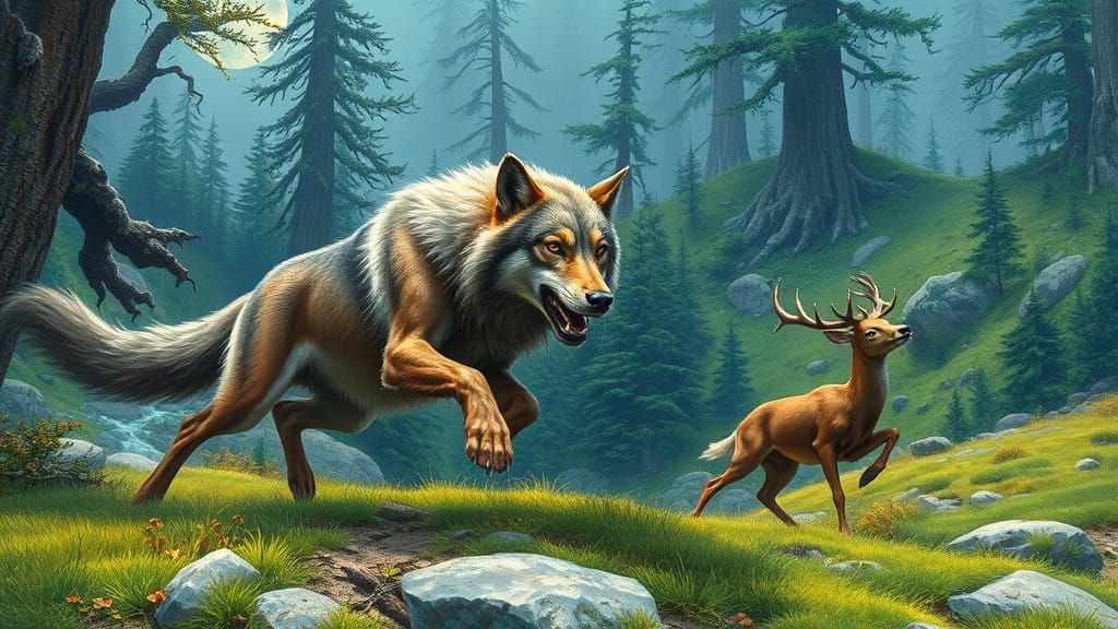 Epic Wolf Chase in a Mythic Mountain Landscape