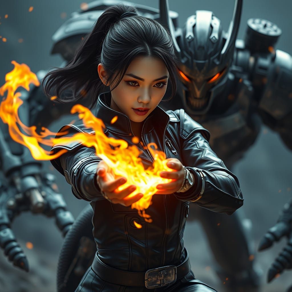 Surreal Warrior Goddess Battles Mech in Deep Fantasy Realm