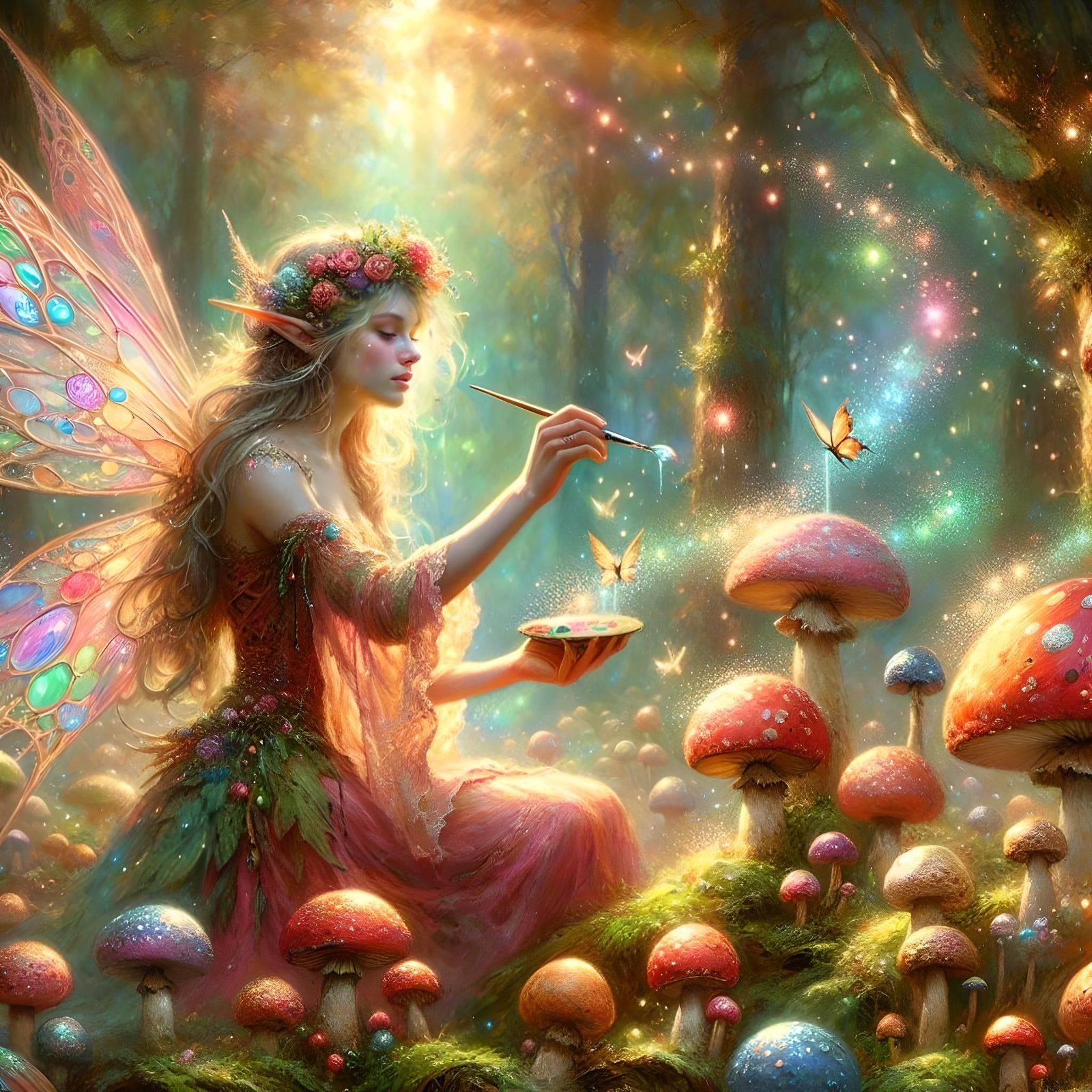 Enchanting Fairy Painter in Magical Forest Scene