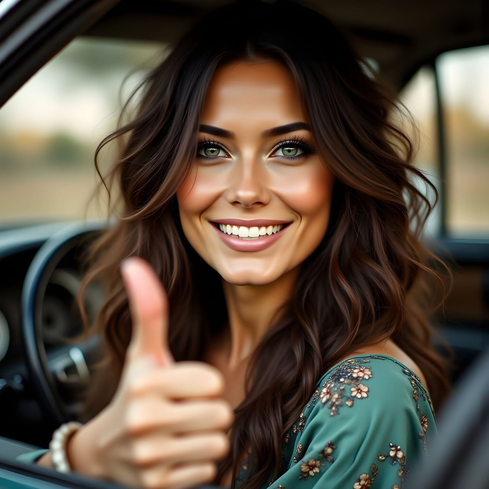 Elegant Woman in a Car, Boho Chic Style
