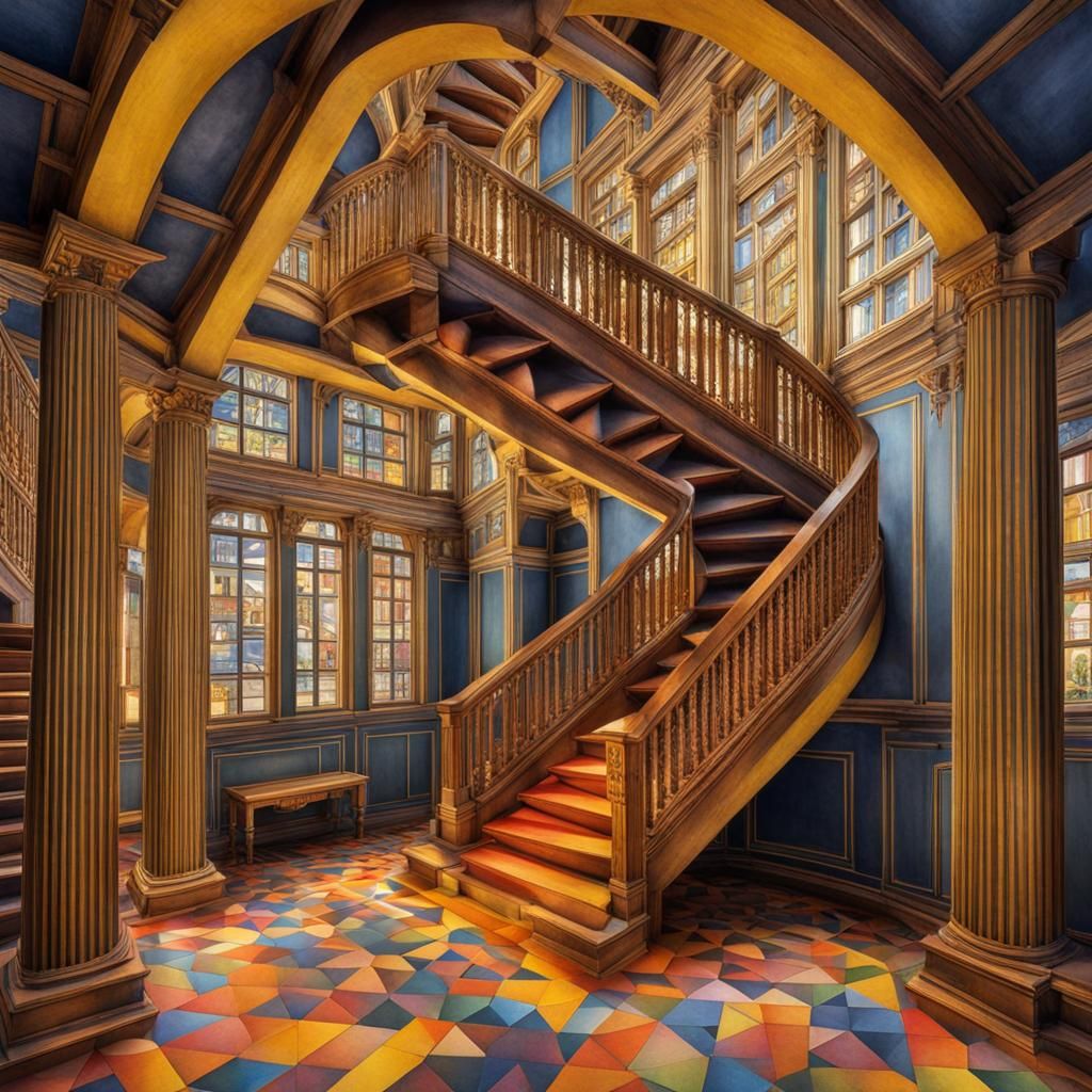 Escher-esque Optical Illusion Staircase in Watercolor