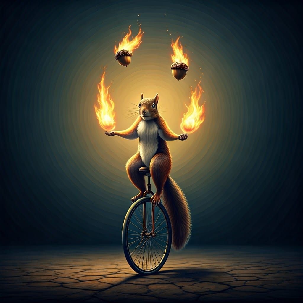Surreal Squirrel Unicycle Rider Juggles Flaming Acorns in Dr...