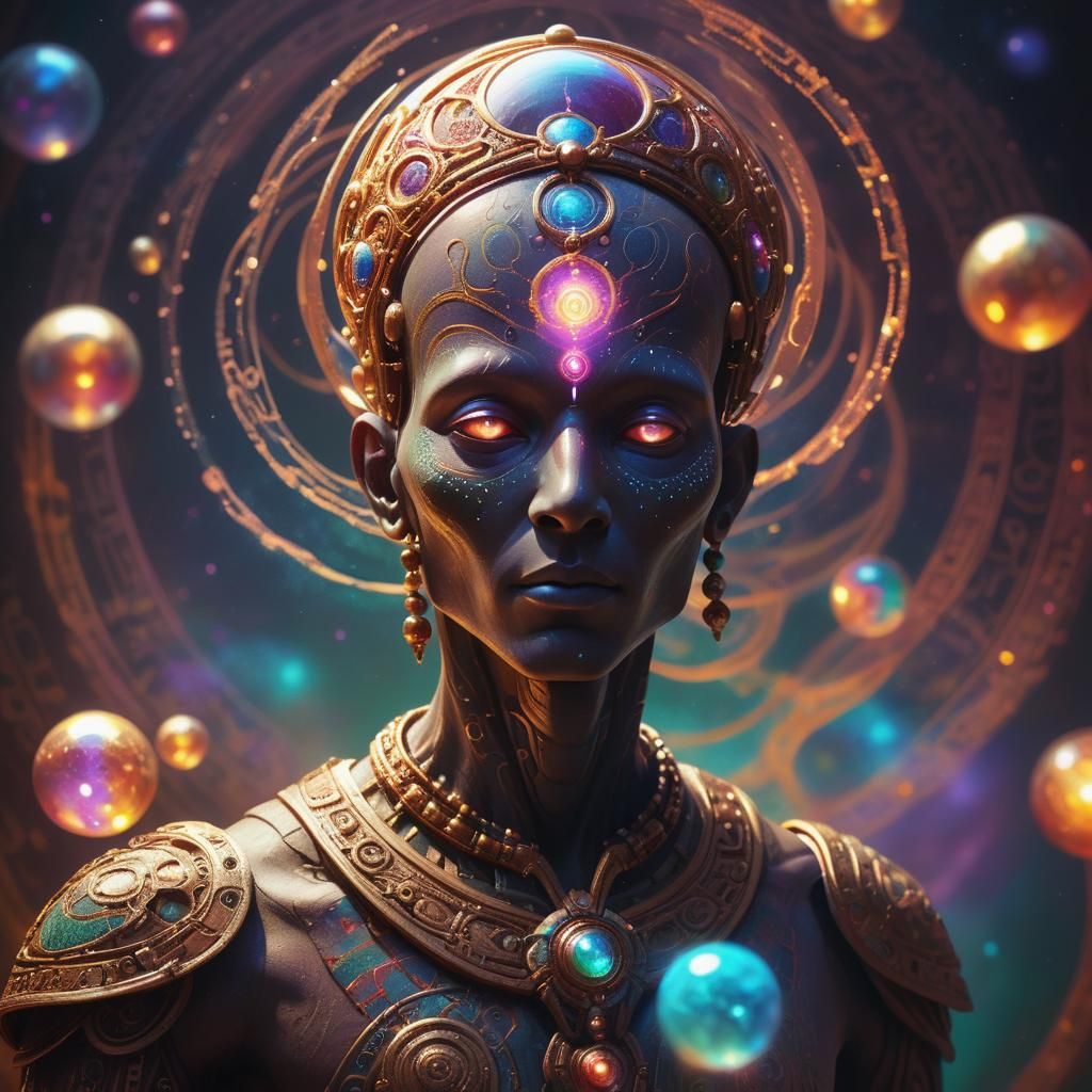 Divine Being with 73 Celestial Orbs in Vibrant Splendor