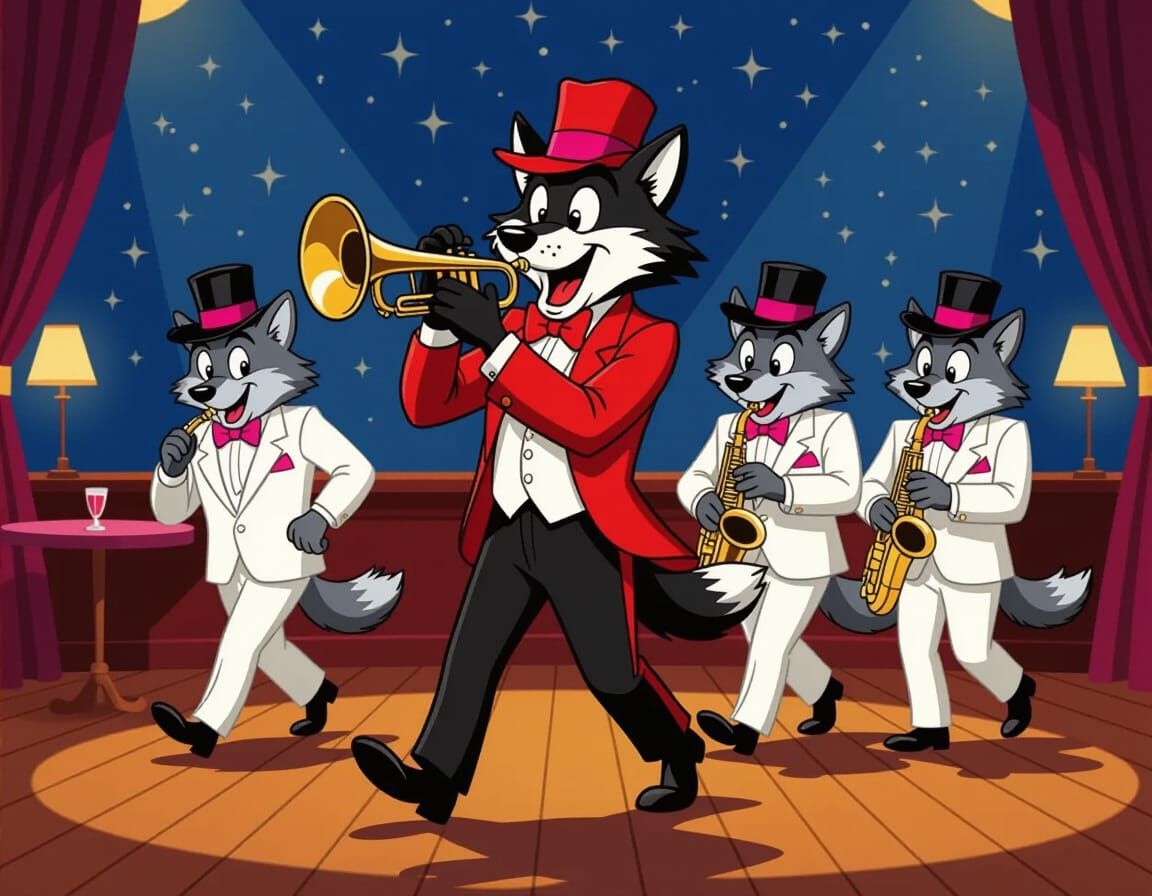 Cartoon Wolf Trumpeter in 1940s Jazz Club