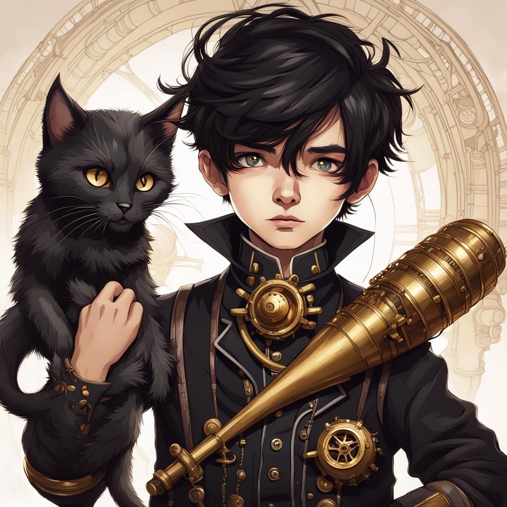 Steampunk Boy with Cat Ears Plays with Bat