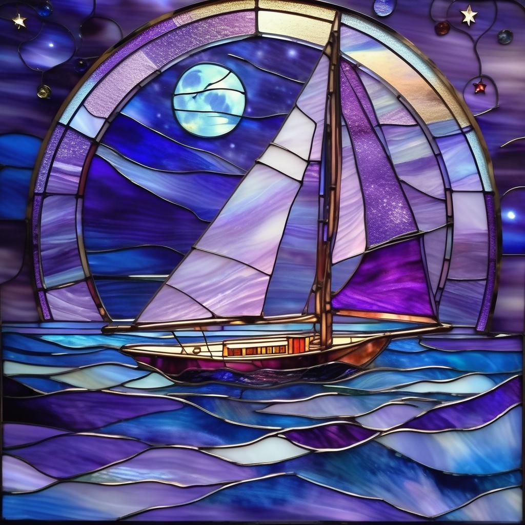 Purple Sailboat Stained Glass Window Art