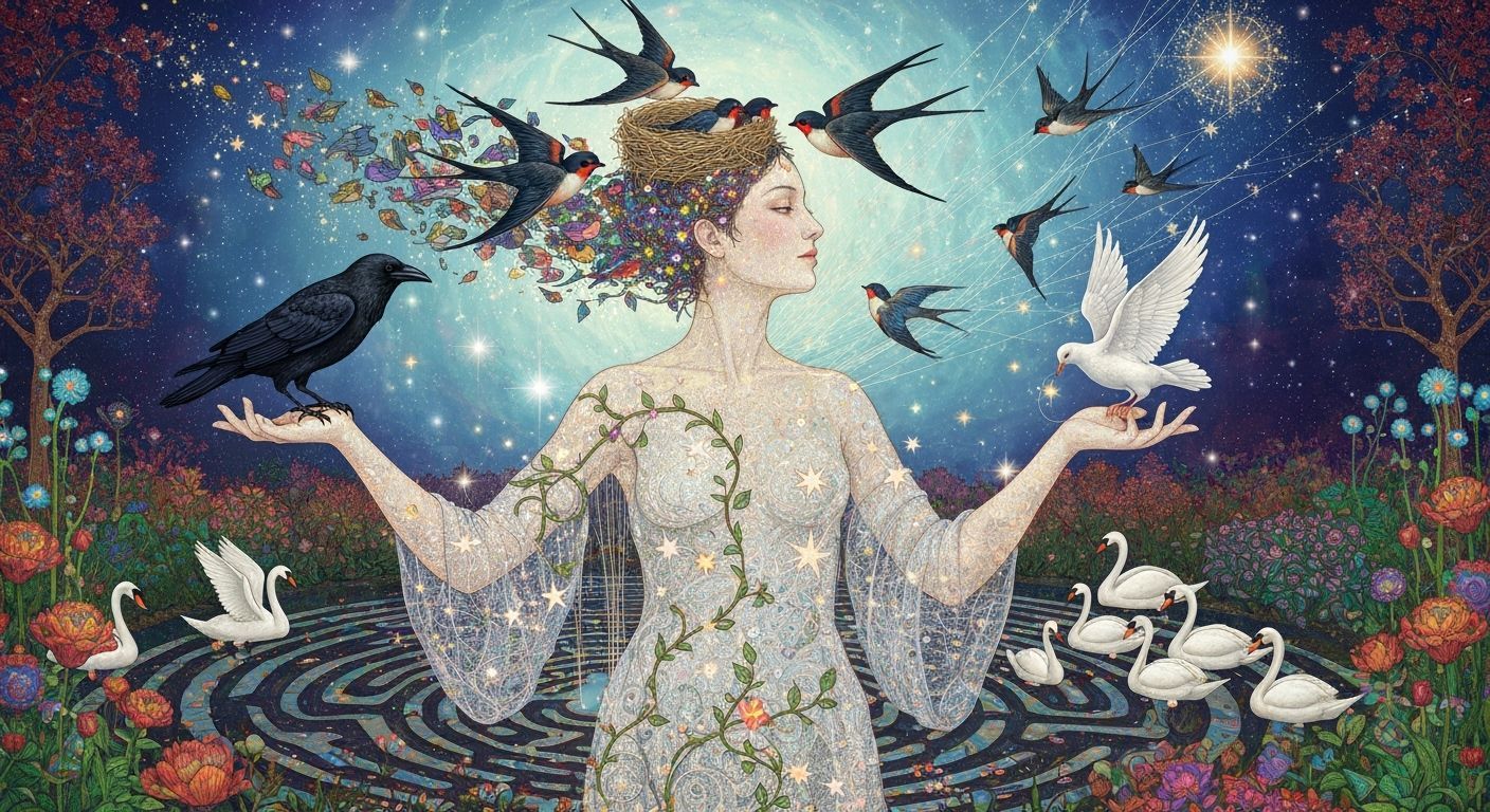 Ethereal Woman of Strings Transforms into Iridescent Birds i...