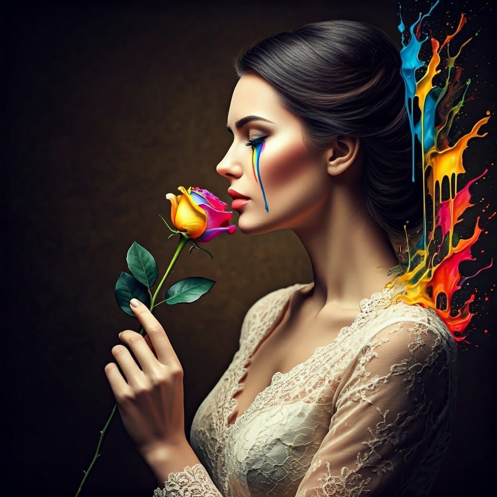 Stunning Victorian Woman Admires Rainbow-Colored Rose