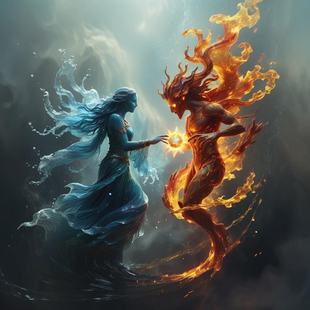 Water and Fire Spirits Meet: Cinematic Digital Art