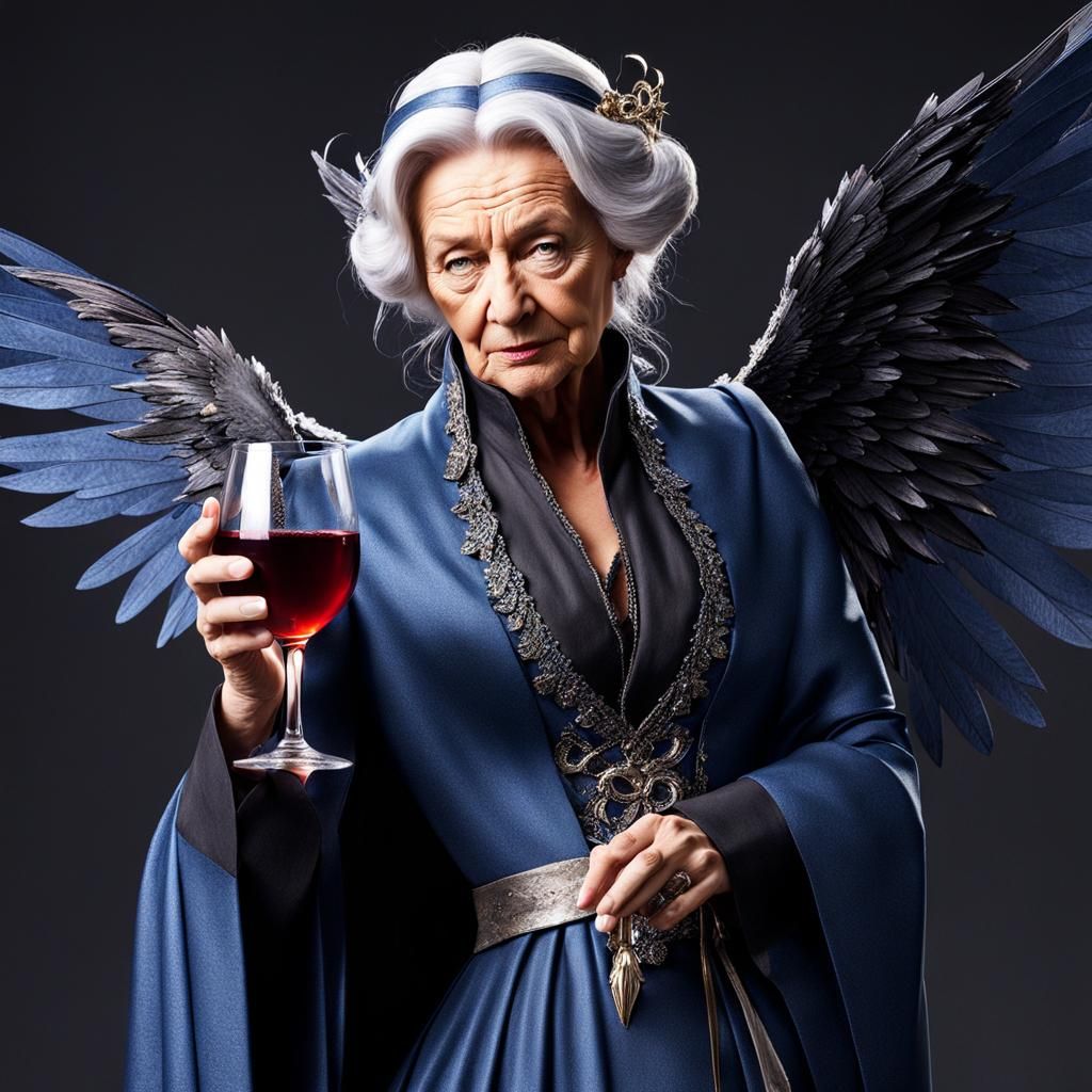 Tired Fairy Godmother with Broken Wand Drinks Wine