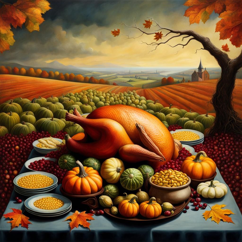 Surreal Thanksgiving Feast with Autumn Harvest Bounty