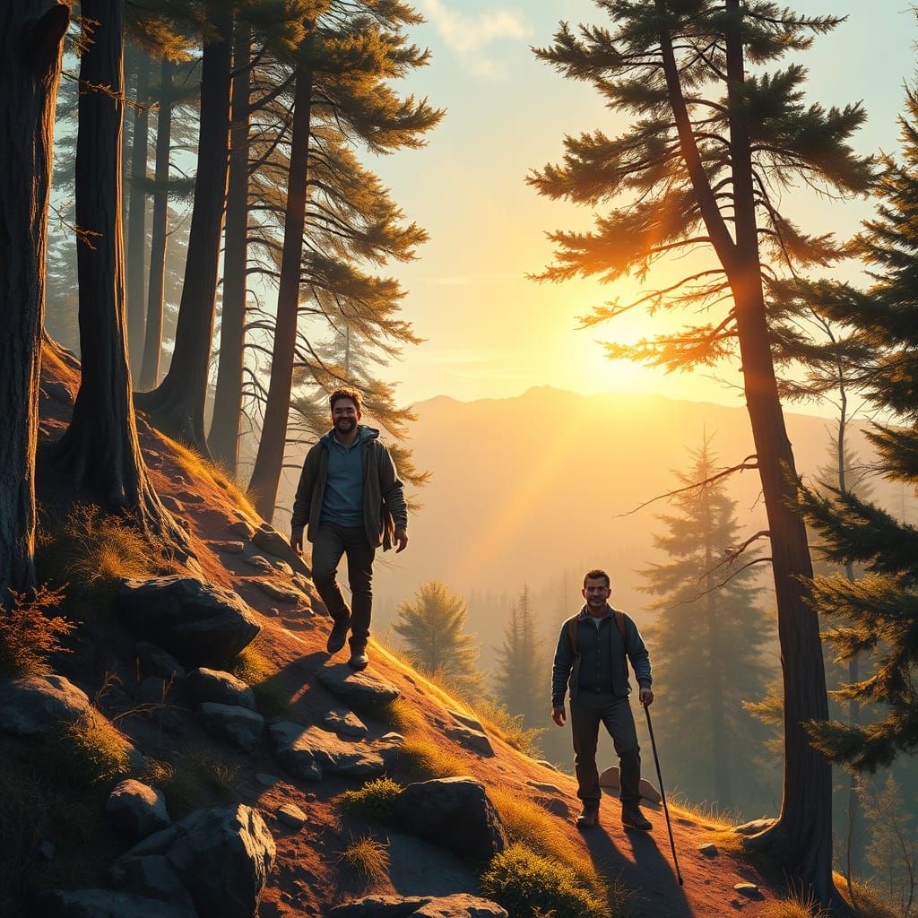 Man Ascends Mountain Trail in Golden Morning Light