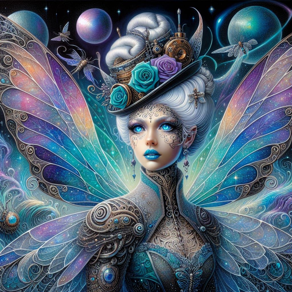 Acrylic and highly detailed steampunk illustration profile view glamorous Tinker Bell look alike , with glowing aqua and...