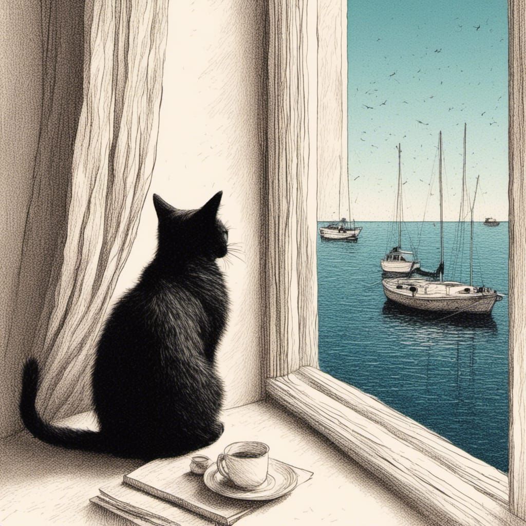 Cat Watching Boats at Night in Scribble Art