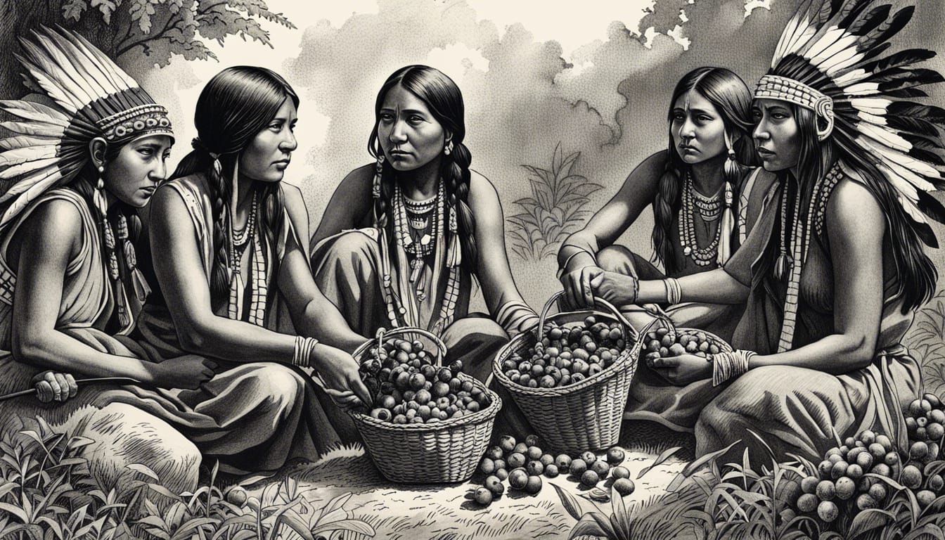Native American Women Gather Berries: Ink Drawing