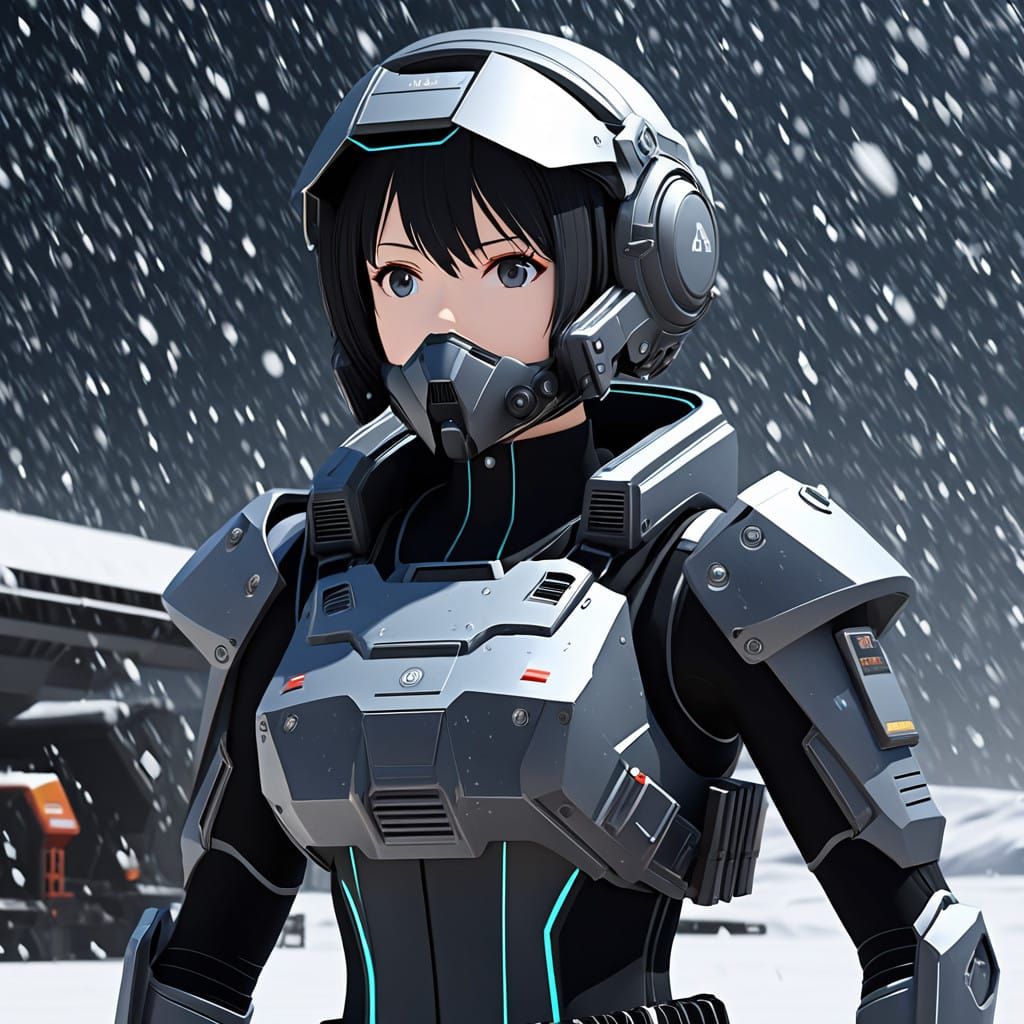 Scifi Soldier Anime Girl in a snow storm...