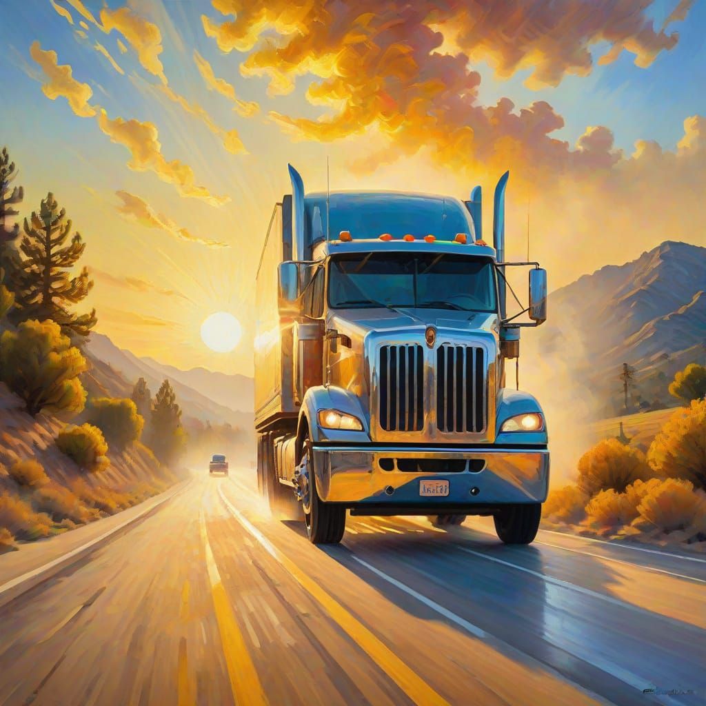 Truck Driver on Sunny Highway in Neo-Impressionist Style