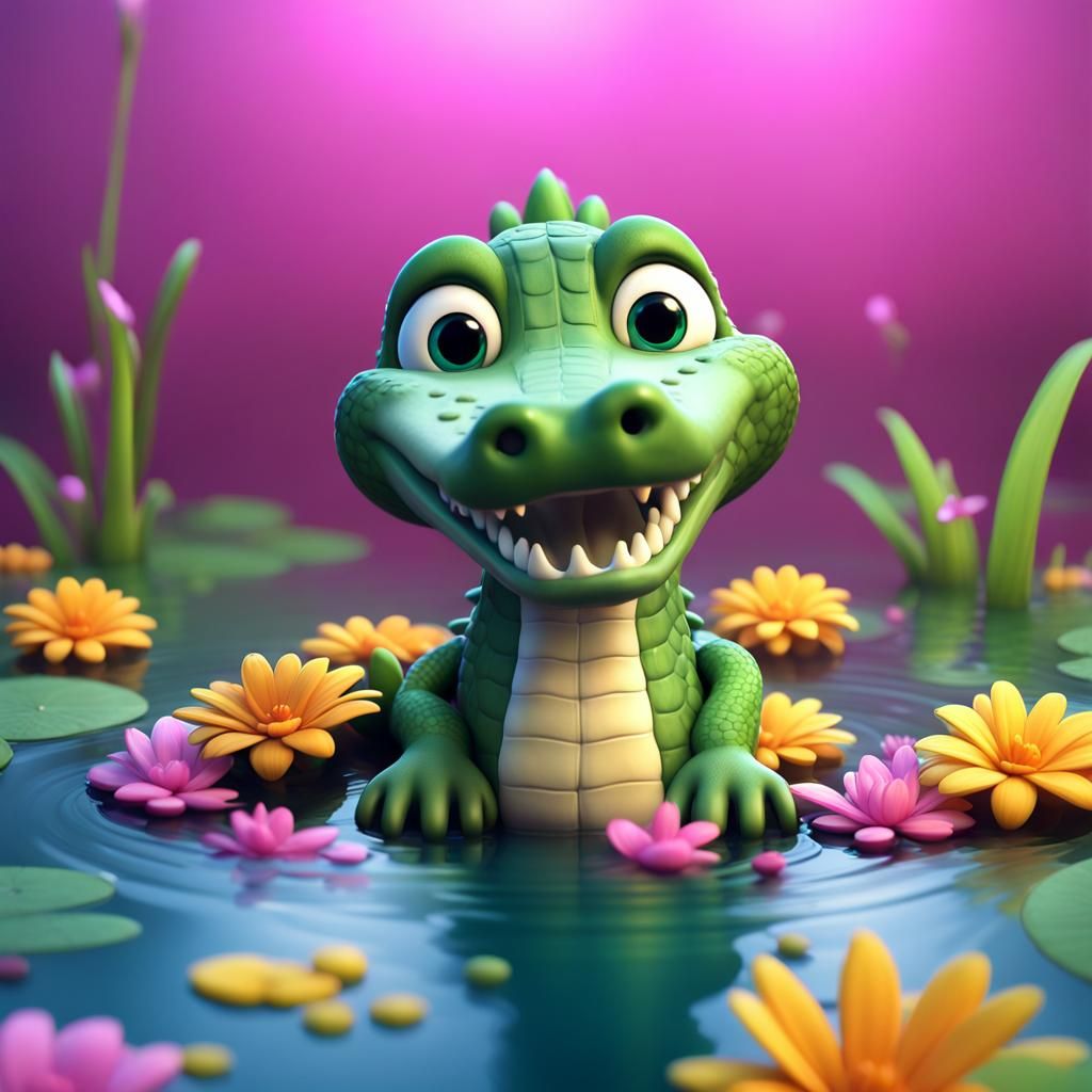 cutest little baby crocodile in a pond withe flotting flowers,   Pixar, Disney, concept art, 3d digital art, Maya 3D, ZB...