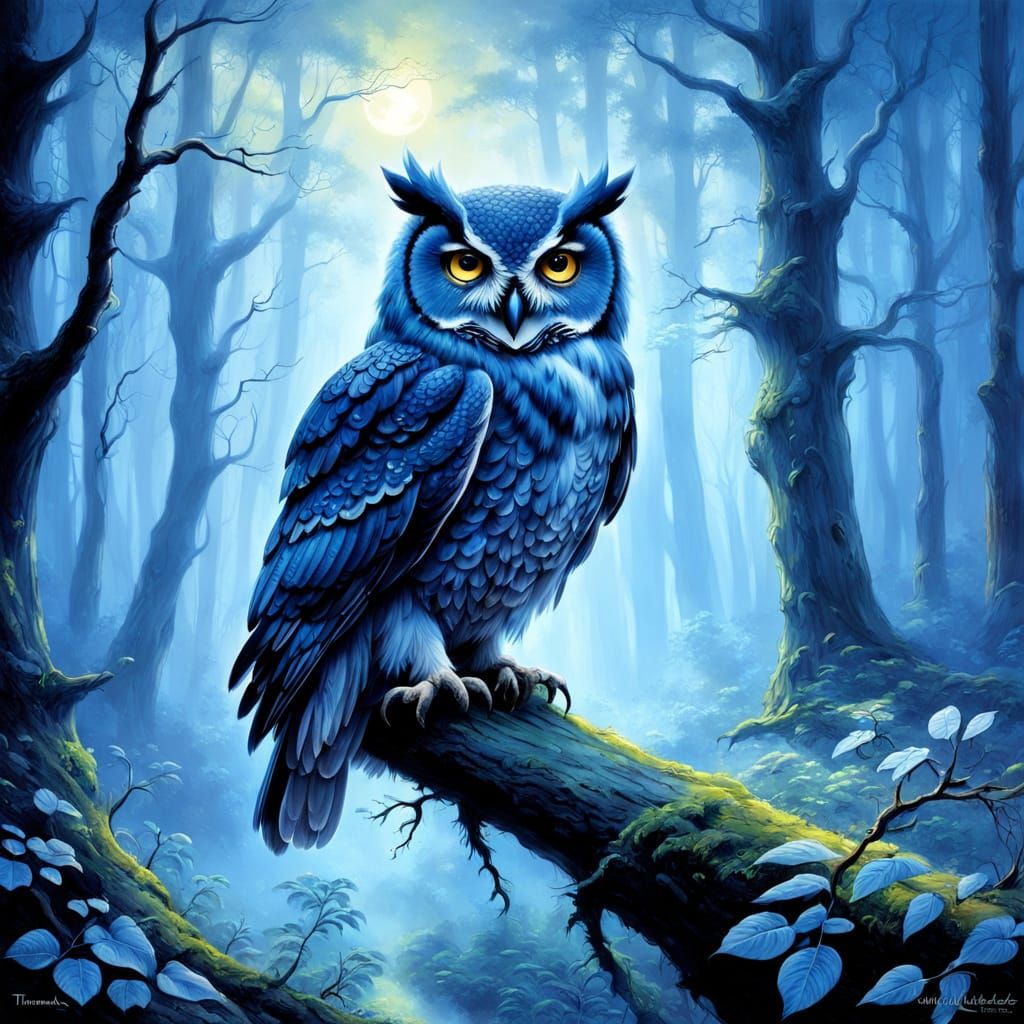 Blue Owl in Ethereal Blue Wood