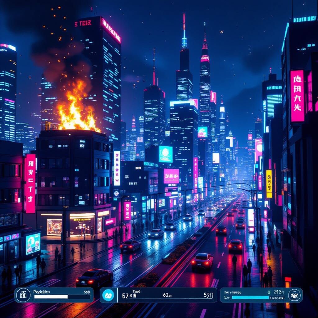 Futuristic Cyberpunk Cityscape at Night in 3D Style