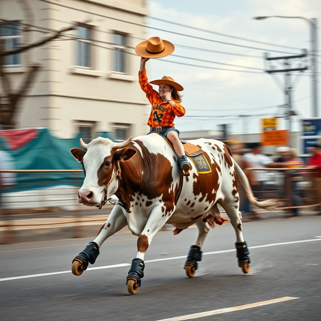 Cow on Roller Skates with Rodeo Rider