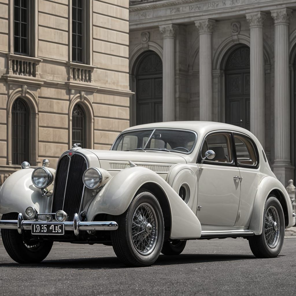 Classic White Luxury Fastback Car in Art Deco Style
