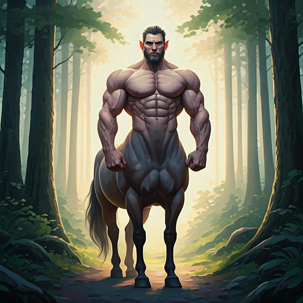 Majestic Centaur in Forest Clearing as Impasto Painting